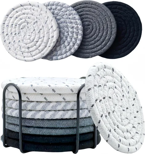 Miniatura 5 de Juego de 8 posavasos con soporte, posavasos para mesa auxiliar, juego de posavasos absorbentes para decoración de sala de estar, protección de mesa