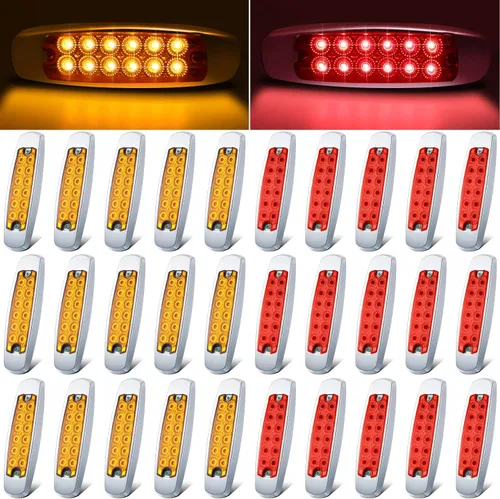 Tallew Paquete de 30 luces LED marcadoras para camiones, 6.4 pulgadas, 12 diodos ámbar y rojo, luces laterales con bisel cromado, lámpara LED