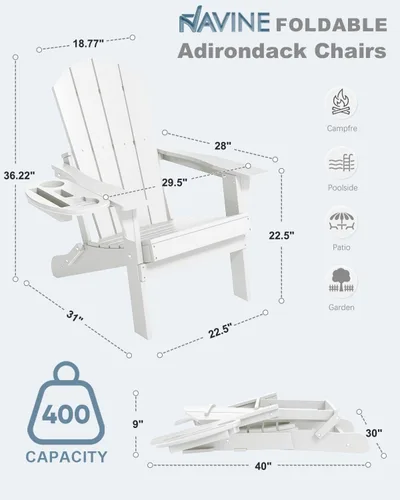 Miniatura 2 de NAVINE Juego de 2 sillas Adirondack plegables de polietileno de alta densidad con portavasos multifuncional, resistente a la intemperie, para Blanco