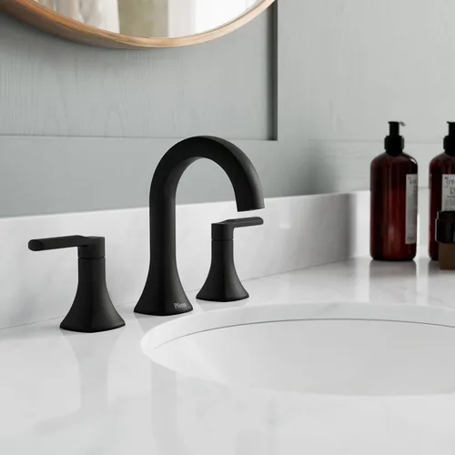 Miniatura 2 de Grifo de lavabo de baño Pfister Vaneri, 8 pulgadas de separación, 2 manijas, 3 orificios, certificado NSF, acabado negro mate, LF049VRIBB