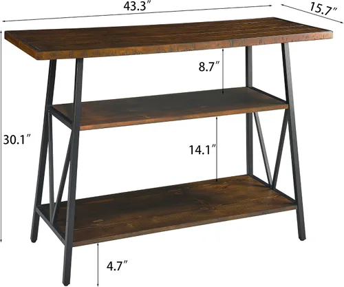 Miniatura 3 de Mesa consola con mesa dentada, mesa de entrada de madera maciza con estante de almacenamiento, mesa de pasillo rústica de 3 niveles, mesa de sofá