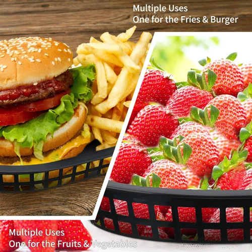 Miniatura 5 de Potchen 60 cestas de comida rápida para servir 10.5 x 7 pulgadas, cesta de plástico ovalada retro, bandeja de servicio de alimentos para Negro