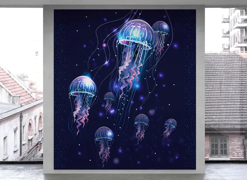 Papel tapiz de medusas. Mural de pared de escena oceánica submarina. Decoración de pared de habitación de niños. Papel tapiz de baño. Decoración de