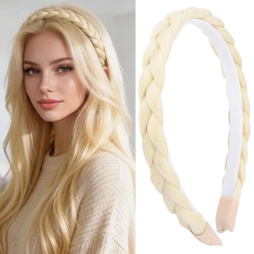 Miniatura 28 de Ancho de 1.5 cm Banda de pelo sintético trenzada estrecha con dientes para mujeres y niñas (Negro)