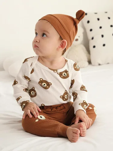 Miniatura 114 de Conjunto de 3 piezas de ropa de bebé recién nacido con estampado de manga larga + pantalones + sombrero