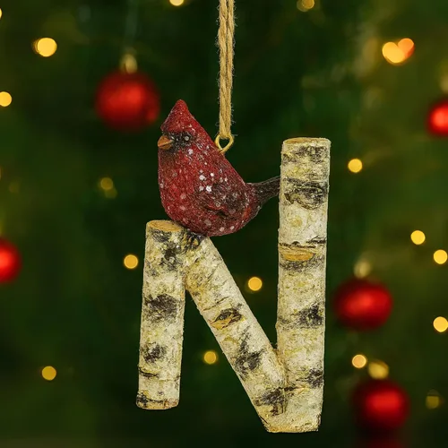 Miniatura 20 de Adorno de Navidad con letra inicial cardenal rústica, aspecto de madera de abedul, alfabeto colgante, decoración con monograma para árbol de Letra R