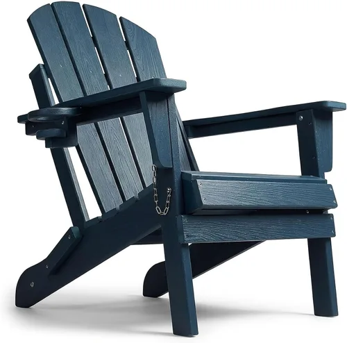 Miniatura 16 de Silla Adirondack plegable de HDPE, silla de patio al aire libre con soporte para tazas, silla de césped de grano de madera resistente a