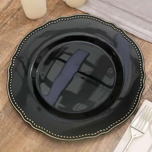 Miniatura 11 de Efavormart - Paquete de 10 platos llanos de plástico con borde festoneado negro/dorado de 9 pulgadas, platos desechables para fiestas de bodas