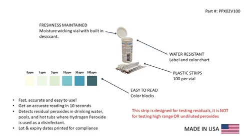 Miniatura 2 de Indicador de prueba analítico, tiras para detectar peróxido hasta 100 ppm (ampolla de 100 tiras) Controle los niveles de peróxido residual en agua