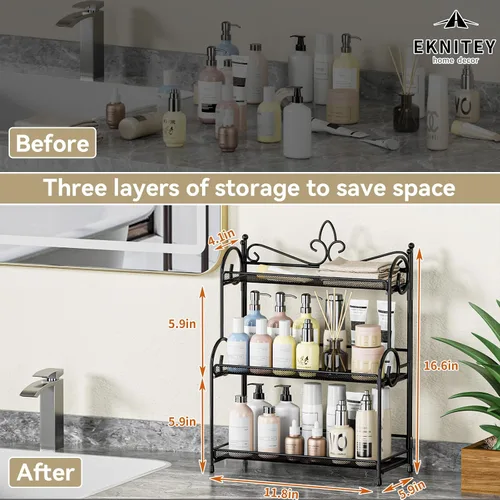Miniatura 6 de EKNITEY Organizador de encimera de baño, organizador de especias de 3 niveles, organizador de encimera para el cuidado de la piel, para baño, Negro