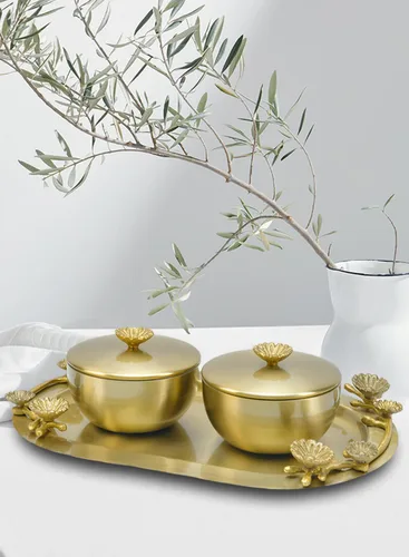 Miniatura 3 de Serene Spaces Living Suvarna - Bandeja de servir de 12 pulgadas con dos cuencos, ollas de condimentos con tapas, aptas para alimentos, vajilla