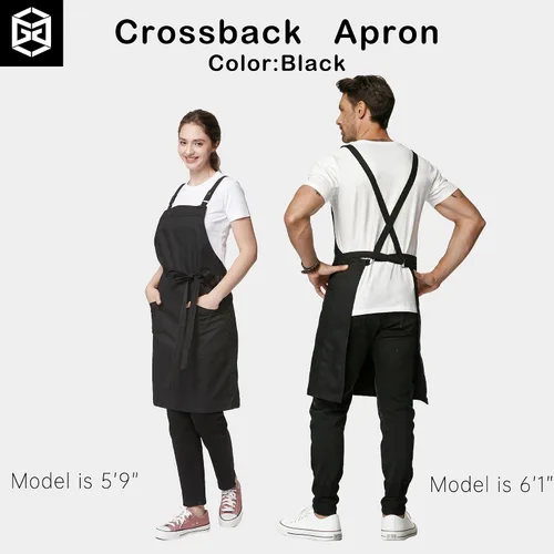 Miniatura 4 de Delantal de cocina unisex, delantal con correa cruzada con 2 bolsillos, delantal profesional duradero e impermeable Negro