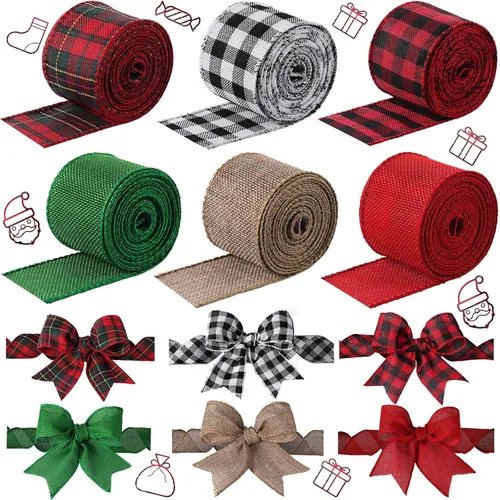 Miniatura 7 de 6 rollos de cintas navideñas con alambre de 32 yardas, cinta multicolor de búfalo a cuadros, cinta de arpillera con borde con alambre, cinta