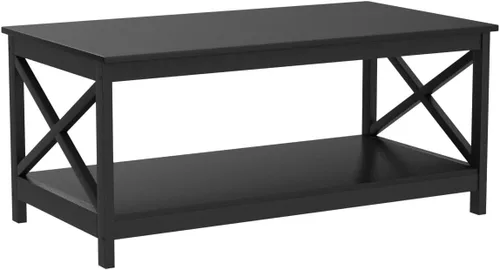 Miniatura 4 de Yaheetech Mesa de centro negra de madera de 2 niveles con estante de almacenamiento para sala de estar, mesa de cóctel con diseño en X, muebles