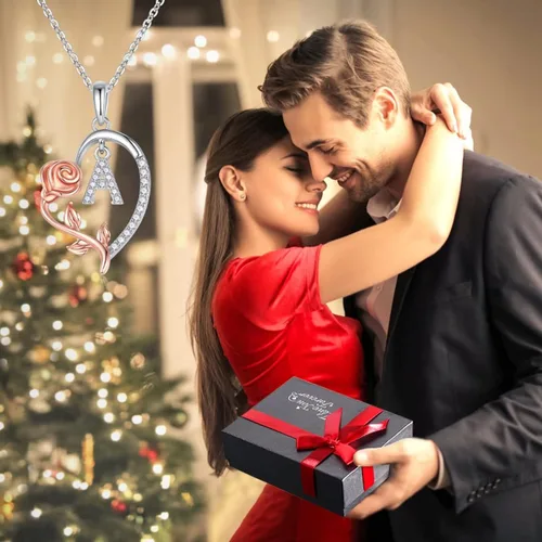 Miniatura 3 de Yoosteel Collar con dije de flor de rosa con inicial de corazón para mujer, collar con letra de corazón de amor, collares con inicial únicos