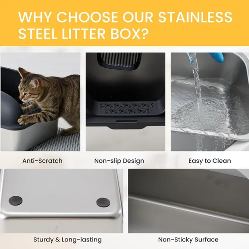Miniatura 4 de Simple Deluxe Caja de arena XL para gatos de acero inoxidable con tapa, bandeja de arena de metal de alta cara para gatos grandes, a prueba