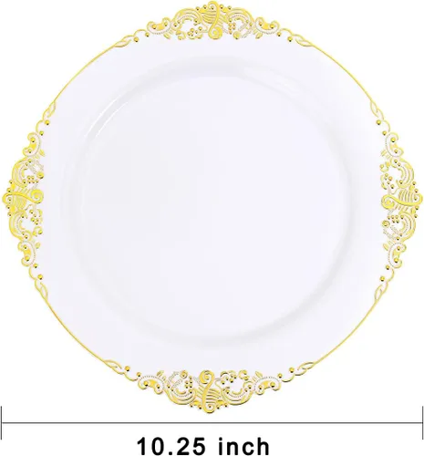 Miniatura 3 de Liacere 50 platos de plástico dorado y blanco, platos desechables de plástico dorado de 10.25 pulgadas, platos pesados de alta calidad para bodas