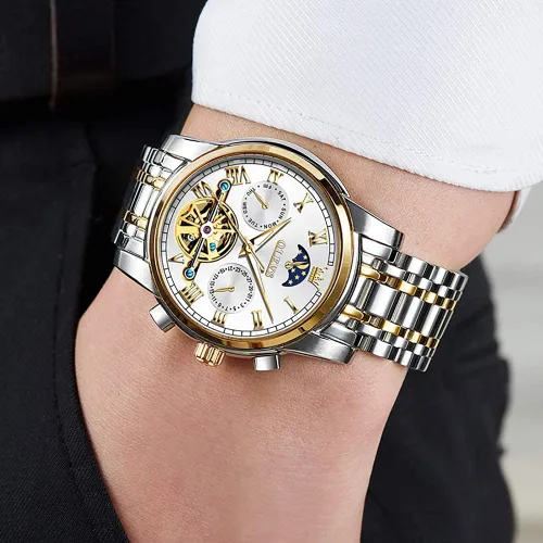 Miniatura 3 de OLEVS Relojes automáticos para hombre diseño de esqueleto Tourbillon cuerda automática reloj de pulsera de lujo fase lunar fecha impermeable