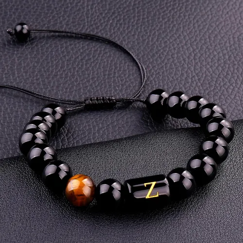 Miniatura 130 de SUMMER LOVE Regalos para el Día del Padre, pulsera con inicial de piedra de ónix negro de 0.394 pulgadas para hombres, pulsera de cuerda trenzada