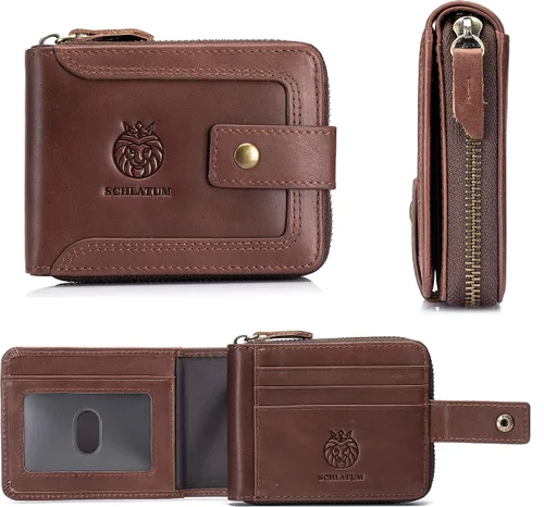 Miniatura 11 de LUKZIJAES Billetera de cuero genuino para hombre, con bloqueo RFID, delgada, plegable, bolsillo frontal, #3-Café, Vintage