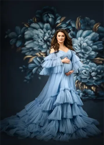 Miniatura 6 de Toreque Vestido de maternidad de tul para sesión de fotos, mangas hinchadas, batas largas de embarazo para baby shower