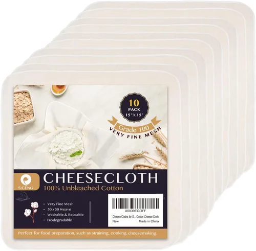 Miniatura 10 de Paño de queso precortado, 15 x 15 pulgadas, paquete de 4, grado 100, paño de queso ultra fino para colar y cocinar, paño de muselina de algodón 100%
