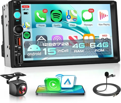 Rimoody Estéreo de coche de doble DIN Android de 4 GB+64 GB con Carplay inalámbrico y Android Auto, pantalla táctil IPS de 7 pulgadas, FM/RDS, GPS,