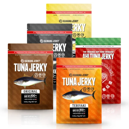 Kaimana Jerky Paquete de muestras de atún Ahi, cecina de atún natural y capturada en la naturaleza. Fabricado en Estados Unidos. 0.32 oz de proteína