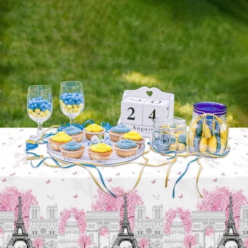 Miniatura 6 de ZOIIWA 3 manteles de la Torre Eiffel de París, color rosa, temática de París, Torre Eiffel, fundas de mesa rectangulares desechables de plástico