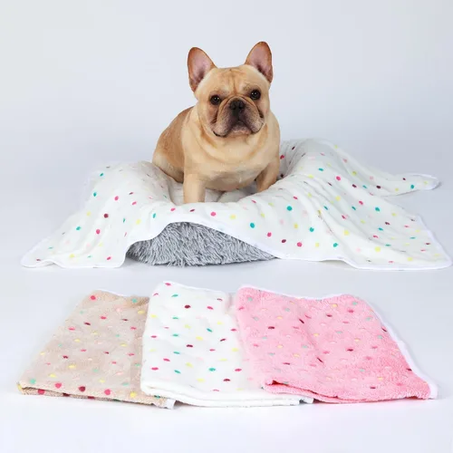 Miniatura 6 de 1 paquete de 3 mantas súper suaves con patrón de puntos para mascotas, manta de franela para perro, cachorro, gato, beige, marrón/rosa, talla S