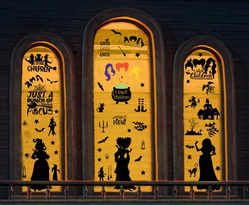 Miniatura 4 de Decoraciones de Hocus Pocus, calcomanías de ventana de Halloween, 9 hojas, 91 calcomanías de Hocus Pocus, calcomanías de silueta de ventana