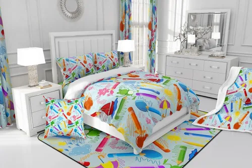 Miniatura 7 de jejeloiu Juego de ropa de cama de lápiz de dibujos animados para niños, tamaño individual, colorido cuarto de bebé, 100% algodón, funda de edredón