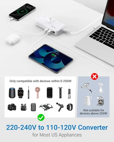 Miniatura 3 de BESTEK Convertidor de 220 V a 110 V, convertidor de voltaje de CA de 300 W de EE. UU. a Europa con 2 USB-C (PD20w), convertidor de potencia reductor