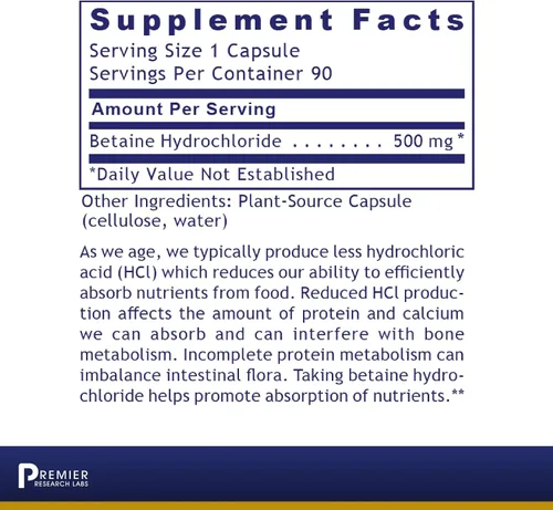 Miniatura 2 de Premier Research Labs Premier HCL - Betaína HCL, suplemento de clorhidrato de betaína para una función digestiva óptima, absorción de nutrientes