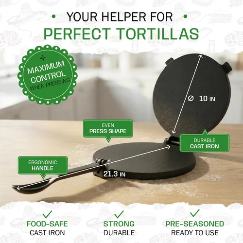 Miniatura 4 de Tortillada – Prensa para tortillas premium de hierro fundido con libro electrónico de recetas (25 cm)