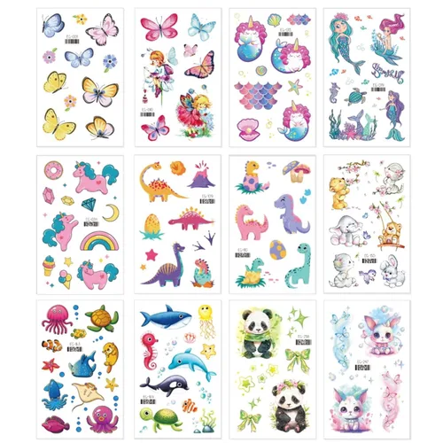 Miniatura 2 de Yobbai Tatuajes temporales con purpurina para niños, estilos mixtos de mariposa, panda, criatura marina, sirena y dinosaurio, tatuajes falsos