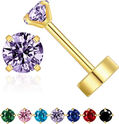 Miniatura 13 de Aretes de tuerca de circonita cúbica pequeña de 0.118 pulgadas, aretes de tuerca de oro de 14 quilates con circonita cúbica para cartílago, hélix