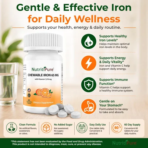 Miniatura 8 de Hierro carbonílico masticable de 65 mg con 270 mg de vitamina C – Tableta Bariátrica (no gomosa), sabor a naranja sin azúcar – Suplemento de hierro