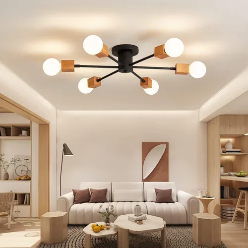 Miniatura 8 de Lámpara de techo de madera semiempotrada, 6 luces, lámpara Sputnik de madera rústica, iluminación de techo estilo granja, roble y negro con E26