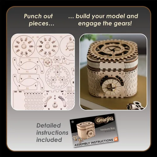 Miniatura 8 de MindWare Gearjits: Treasure Box - Rompecabezas de construcción 3D de madera de 158 piezas para adolescentes y adultos - Modelo de construcción
