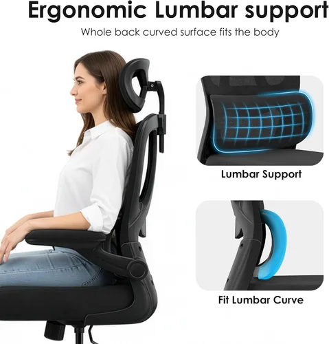 Miniatura 3 de Farini Silla de oficina ergonómica, silla de escritorio con reposacabezas y soporte lumbar, silla giratoria de oficina en casa con reposacabezas