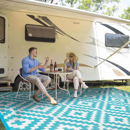 Miniatura 21 de Alfombra de paja de plástico para patio al aire libre, 5 x 8 pies, impermeable, reversible, alfombra de área, patio, caravana, porche, balcón, Azul