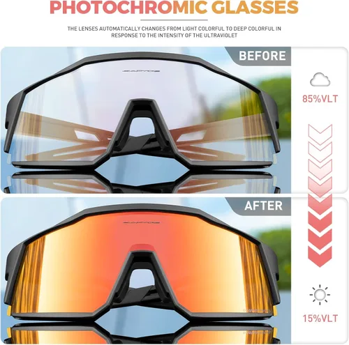 Miniatura 3 de KAPVOE Gafas de Ciclismo Fotocromáticas MTB Bicicleta de Montaña Lentes de Transición para Hombres Mujeres - K9022 Negro-fotocrómico-rojo