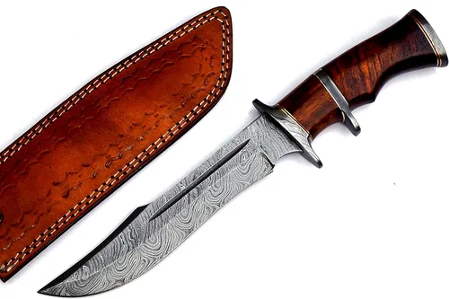 Miniatura 2 de Nooraki - Cuchillo de caza de acero de Damasco hecho a mano, de hoja fija de 33 cm con funda de piel, cuchillo multiusos con mango de madera de palo