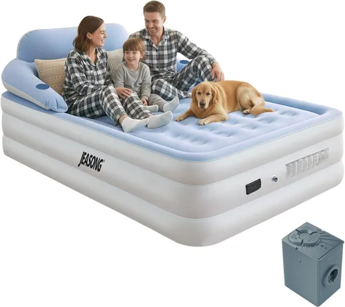Miniatura 10 de JEASONG Colchón de aire Queen con bomba de batería recargable incorporada y cabecero, colchón inflable de 20 pulgadas, colchón inflable de 700 Verde