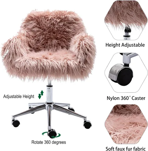 Miniatura 3 de Silla de escritorio de piel sintética rosa, lindo asiento acolchado tapizado, decoración de tocador, silla de oficina giratoria de altura ajustable