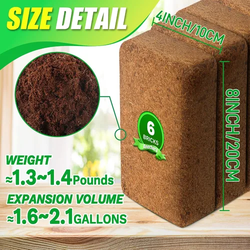 Miniatura 5 de Ladrillo de fibra de coco para plantas - Paquete de 6 ladrillos de coco premium, 100% fibra de coco orgánica, fibra de cáscara de coco para plantar