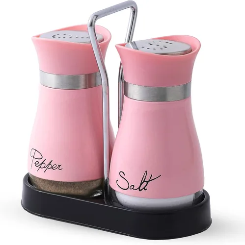 Juego de salero y pimentero, acero inoxidable con botella de vidrio para mesa, RV, campamento, barbacoa, juego de 2, rosa