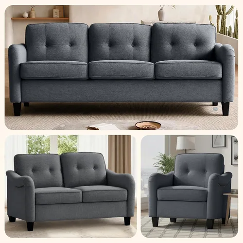 Miniatura 6 de Juego de muebles de sala de estar de 3 piezas, sofá de tres asientos y sofá biplaza, sillón Singel con ribete de cabeza de clavo, tapizado de lino