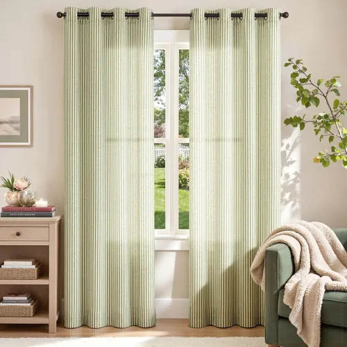Miniatura 2 de JINCHAN Cortinas de lino para sala de estar o dormitorio, con estampado a rayas verde salvia sobre beige, rayas delgadas que filtran la luz